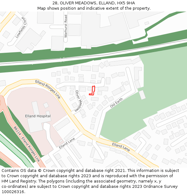 28, OLIVER MEADOWS, ELLAND, HX5 9HA: Location map and indicative extent of plot