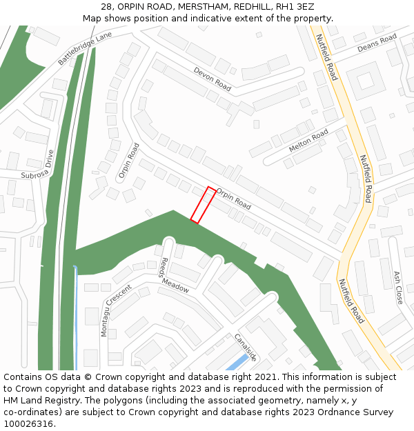 28, ORPIN ROAD, MERSTHAM, REDHILL, RH1 3EZ: Location map and indicative extent of plot