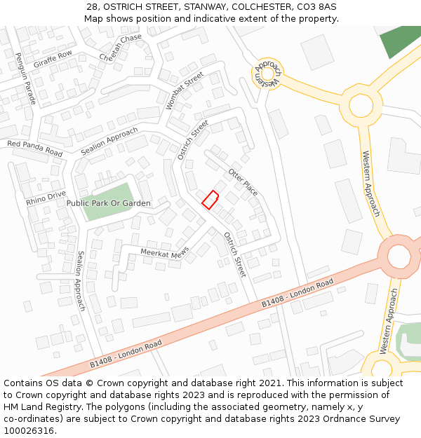 28, OSTRICH STREET, STANWAY, COLCHESTER, CO3 8AS: Location map and indicative extent of plot