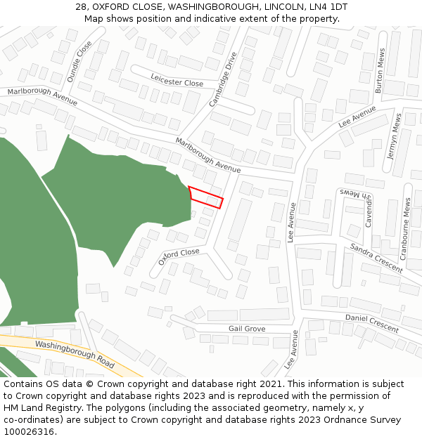 28, OXFORD CLOSE, WASHINGBOROUGH, LINCOLN, LN4 1DT: Location map and indicative extent of plot