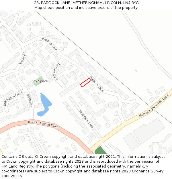 28, PADDOCK LANE, METHERINGHAM, LINCOLN, LN4 3YG: Location map and indicative extent of plot