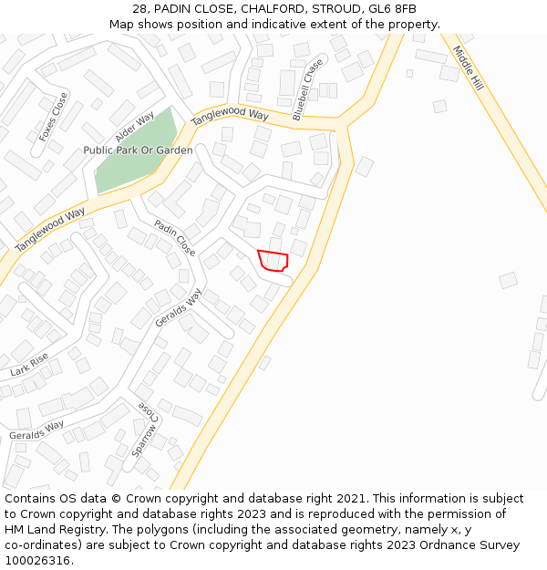 28, PADIN CLOSE, CHALFORD, STROUD, GL6 8FB: Location map and indicative extent of plot