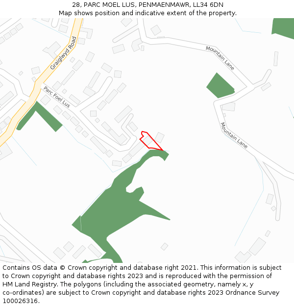 28, PARC MOEL LUS, PENMAENMAWR, LL34 6DN: Location map and indicative extent of plot