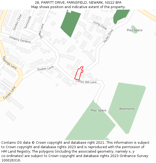 28, PARFITT DRIVE, FARNSFIELD, NEWARK, NG22 8FA: Location map and indicative extent of plot