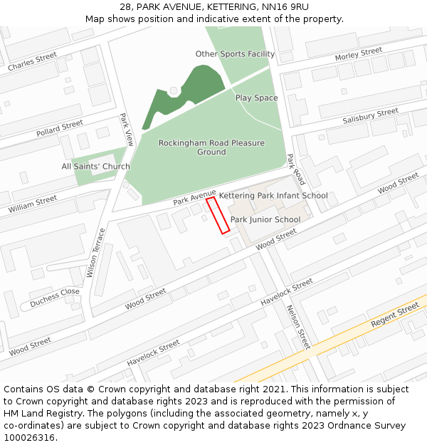 28, PARK AVENUE, KETTERING, NN16 9RU: Location map and indicative extent of plot