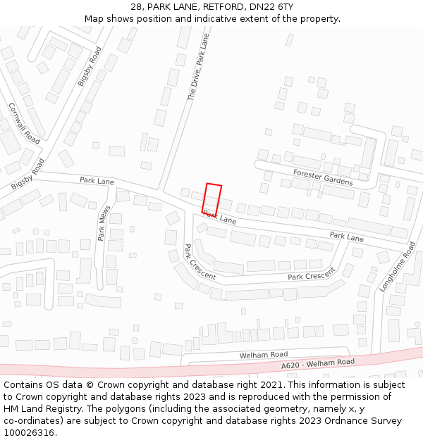 28, PARK LANE, RETFORD, DN22 6TY: Location map and indicative extent of plot