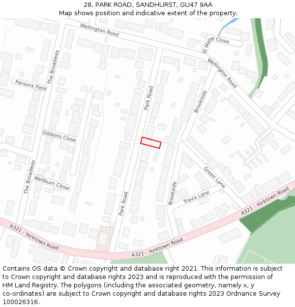 28, PARK ROAD, SANDHURST, GU47 9AA: Location map and indicative extent of plot