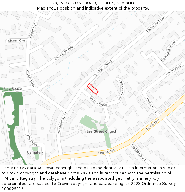 28, PARKHURST ROAD, HORLEY, RH6 8HB: Location map and indicative extent of plot