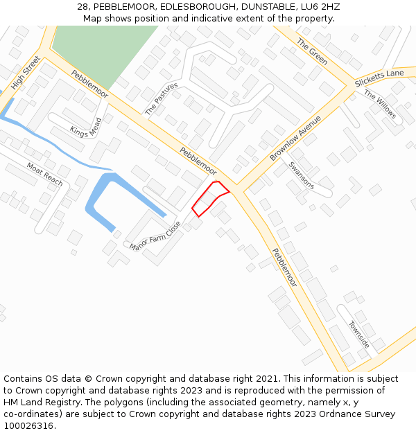 28, PEBBLEMOOR, EDLESBOROUGH, DUNSTABLE, LU6 2HZ: Location map and indicative extent of plot