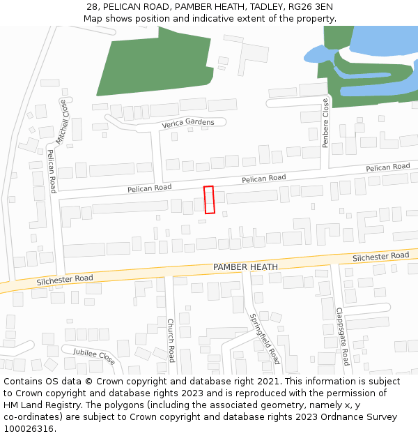 28, PELICAN ROAD, PAMBER HEATH, TADLEY, RG26 3EN: Location map and indicative extent of plot