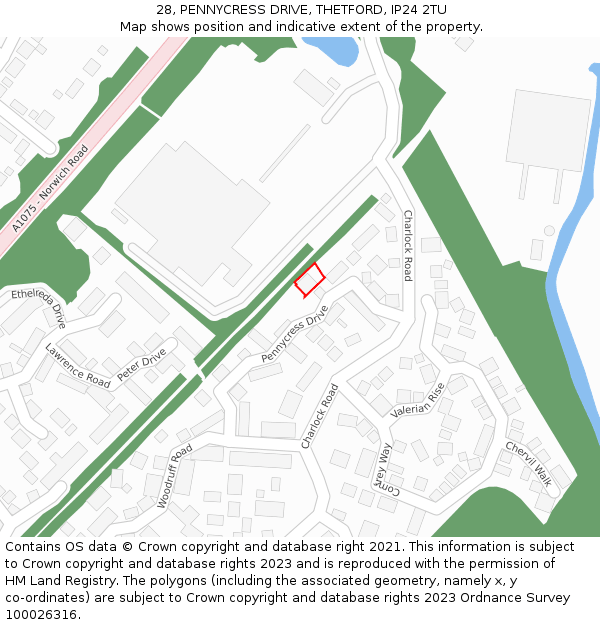 28, PENNYCRESS DRIVE, THETFORD, IP24 2TU: Location map and indicative extent of plot