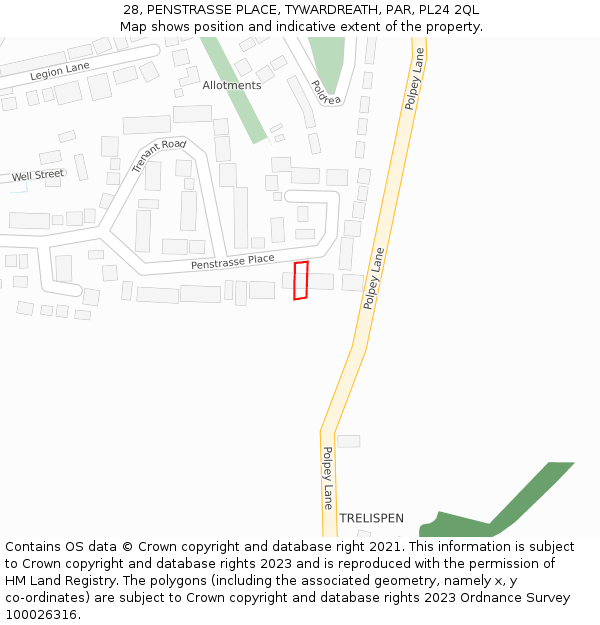 28, PENSTRASSE PLACE, TYWARDREATH, PAR, PL24 2QL: Location map and indicative extent of plot