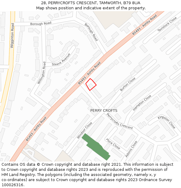 28, PERRYCROFTS CRESCENT, TAMWORTH, B79 8UA: Location map and indicative extent of plot