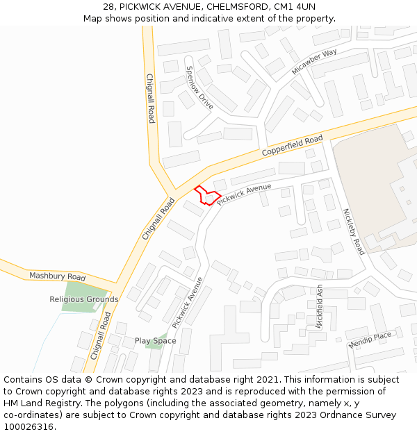 28, PICKWICK AVENUE, CHELMSFORD, CM1 4UN: Location map and indicative extent of plot