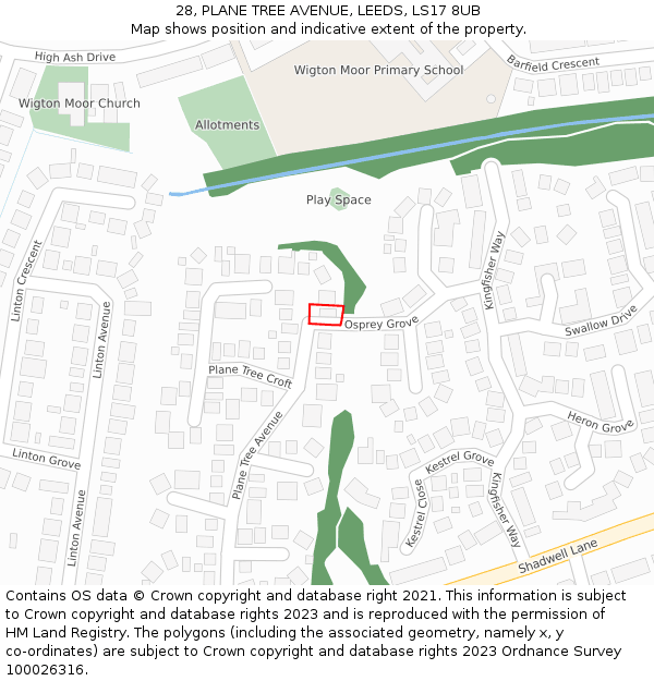 28, PLANE TREE AVENUE, LEEDS, LS17 8UB: Location map and indicative extent of plot