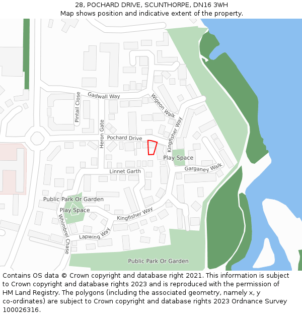 28, POCHARD DRIVE, SCUNTHORPE, DN16 3WH: Location map and indicative extent of plot