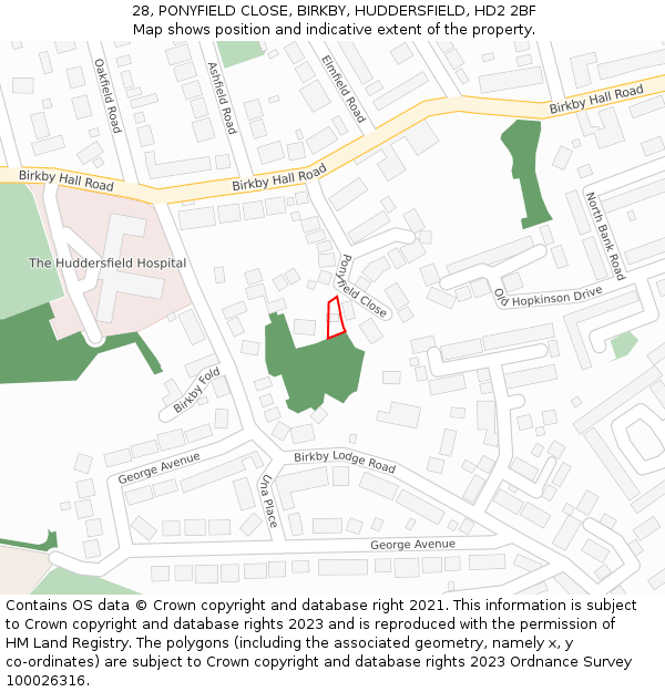 28, PONYFIELD CLOSE, BIRKBY, HUDDERSFIELD, HD2 2BF: Location map and indicative extent of plot