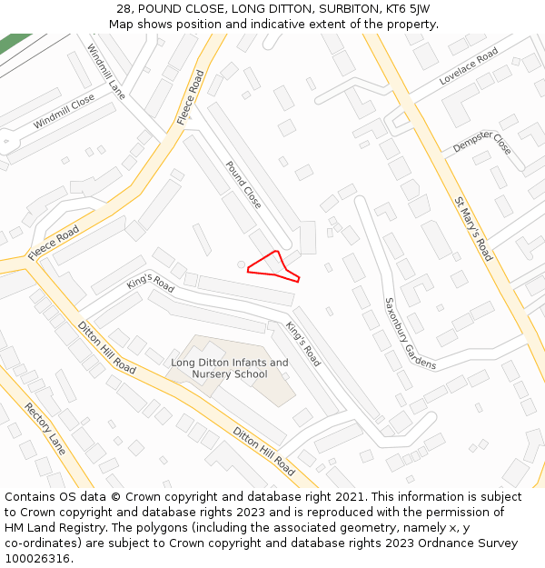 28, POUND CLOSE, LONG DITTON, SURBITON, KT6 5JW: Location map and indicative extent of plot