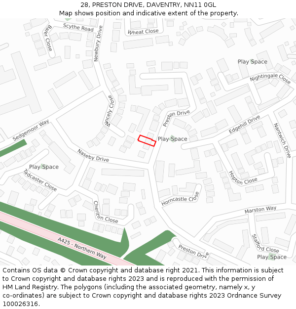 28, PRESTON DRIVE, DAVENTRY, NN11 0GL: Location map and indicative extent of plot