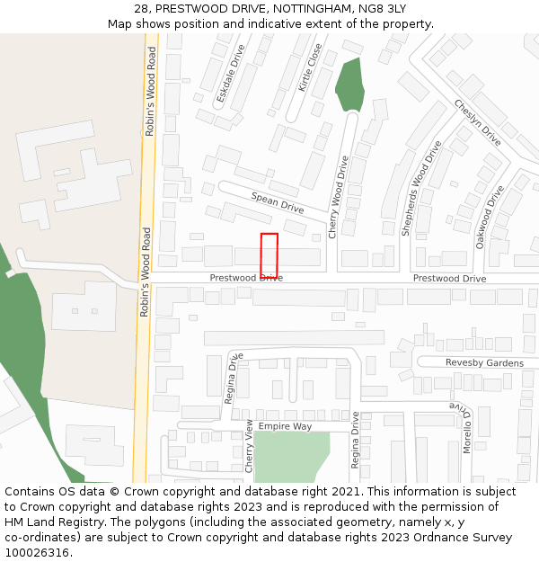 28, PRESTWOOD DRIVE, NOTTINGHAM, NG8 3LY: Location map and indicative extent of plot