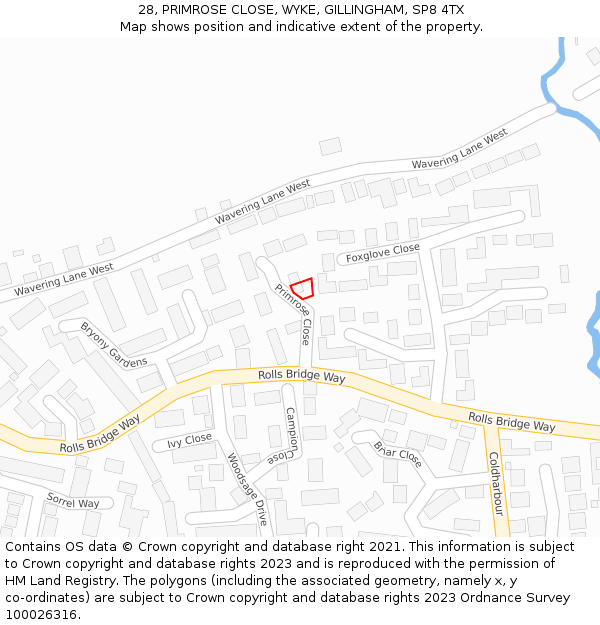 28, PRIMROSE CLOSE, WYKE, GILLINGHAM, SP8 4TX: Location map and indicative extent of plot