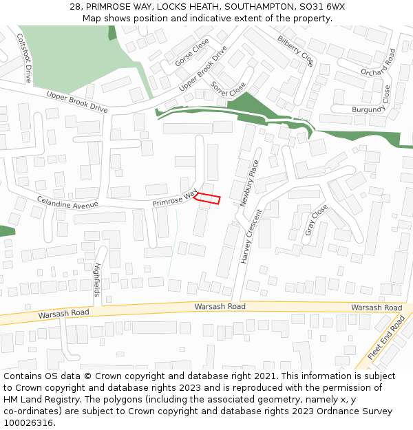 28, PRIMROSE WAY, LOCKS HEATH, SOUTHAMPTON, SO31 6WX: Location map and indicative extent of plot
