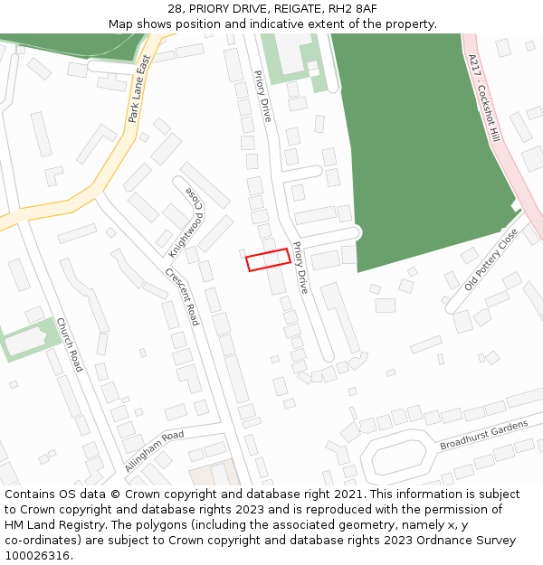 28, PRIORY DRIVE, REIGATE, RH2 8AF: Location map and indicative extent of plot