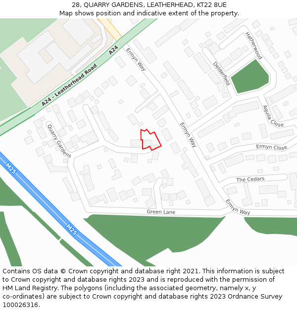 28, QUARRY GARDENS, LEATHERHEAD, KT22 8UE: Location map and indicative extent of plot
