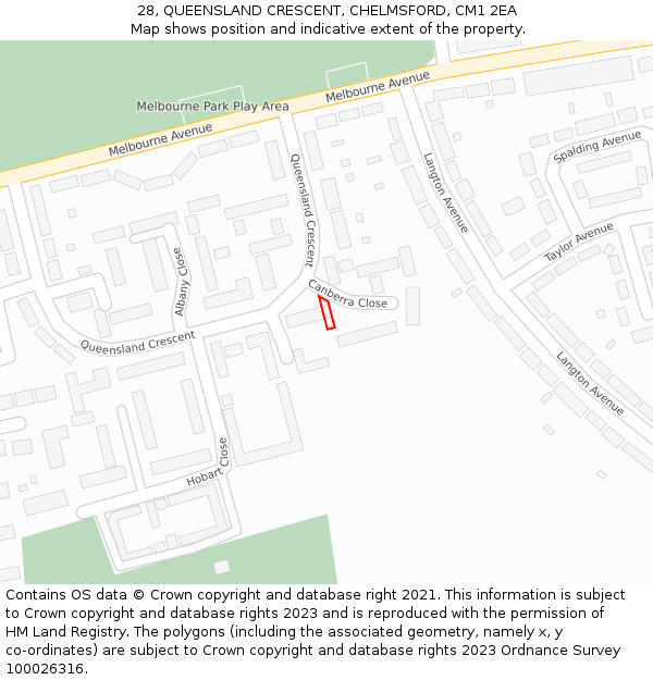 28, QUEENSLAND CRESCENT, CHELMSFORD, CM1 2EA: Location map and indicative extent of plot