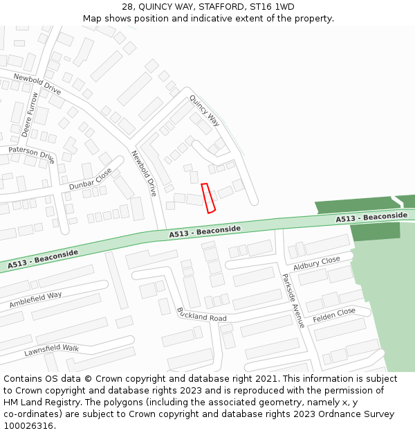 28, QUINCY WAY, STAFFORD, ST16 1WD: Location map and indicative extent of plot