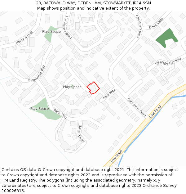 28, RAEDWALD WAY, DEBENHAM, STOWMARKET, IP14 6SN: Location map and indicative extent of plot