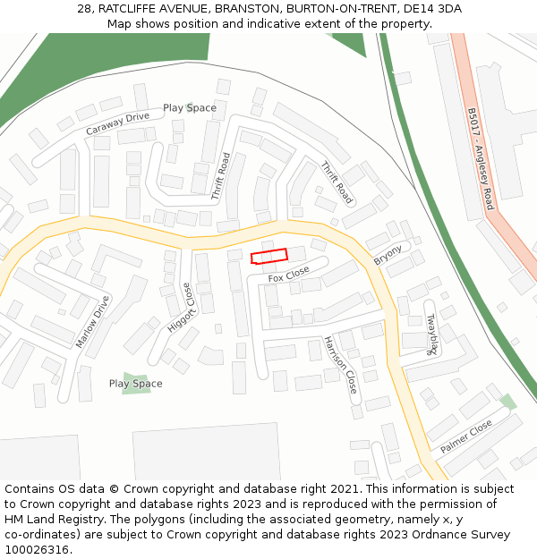 28, RATCLIFFE AVENUE, BRANSTON, BURTON-ON-TRENT, DE14 3DA: Location map and indicative extent of plot