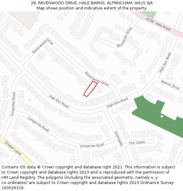 28, RAVENWOOD DRIVE, HALE BARNS, ALTRINCHAM, WA15 0JA: Location map and indicative extent of plot