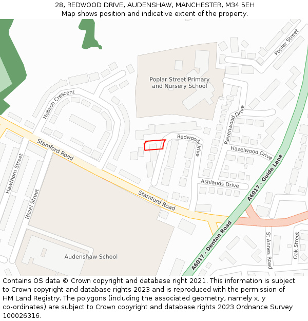 28, REDWOOD DRIVE, AUDENSHAW, MANCHESTER, M34 5EH: Location map and indicative extent of plot
