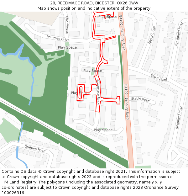 28, REEDMACE ROAD, BICESTER, OX26 3WW: Location map and indicative extent of plot