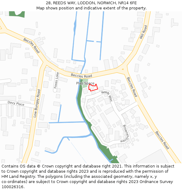 28, REEDS WAY, LODDON, NORWICH, NR14 6FE: Location map and indicative extent of plot