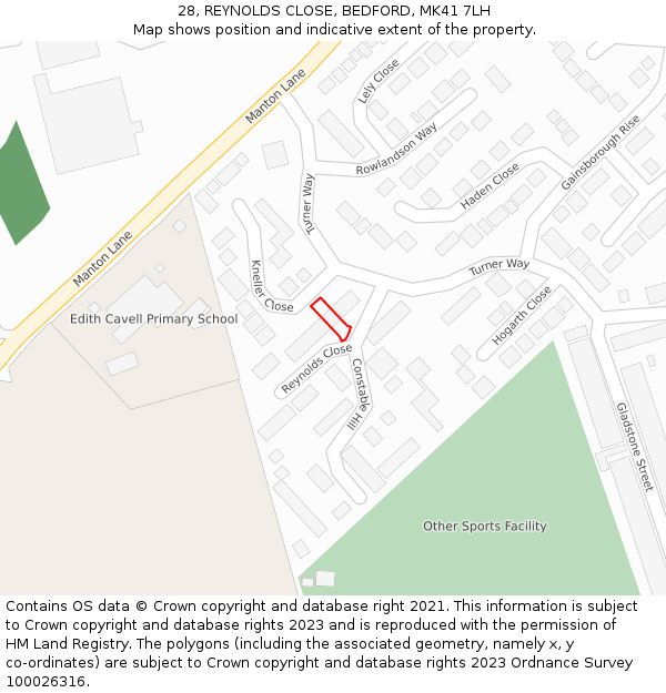 28, REYNOLDS CLOSE, BEDFORD, MK41 7LH: Location map and indicative extent of plot