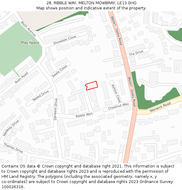 28, RIBBLE WAY, MELTON MOWBRAY, LE13 0HG: Location map and indicative extent of plot