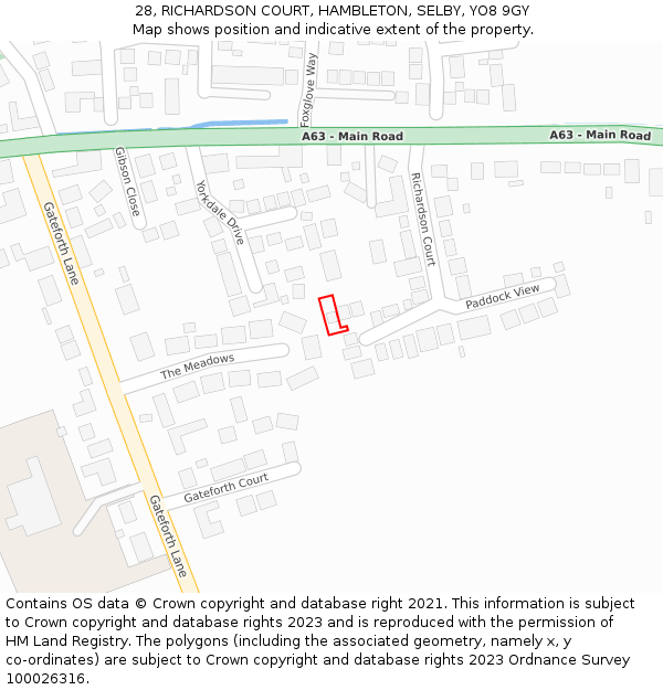 28, RICHARDSON COURT, HAMBLETON, SELBY, YO8 9GY: Location map and indicative extent of plot