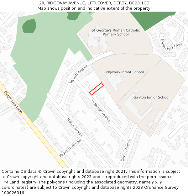 28, RIDGEWAY AVENUE, LITTLEOVER, DERBY, DE23 1GB: Location map and indicative extent of plot