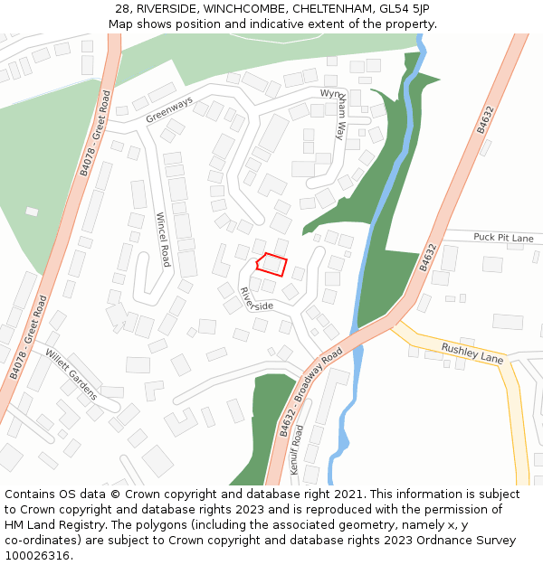 28, RIVERSIDE, WINCHCOMBE, CHELTENHAM, GL54 5JP: Location map and indicative extent of plot