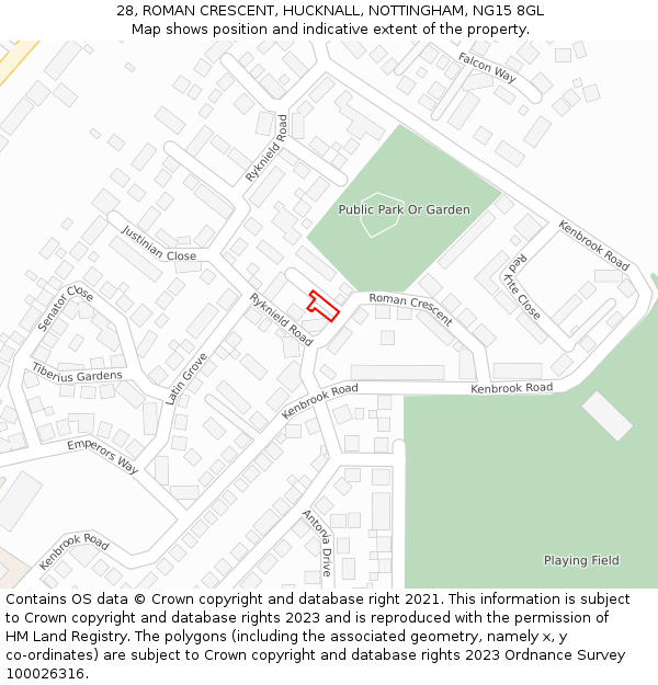 28, ROMAN CRESCENT, HUCKNALL, NOTTINGHAM, NG15 8GL: Location map and indicative extent of plot