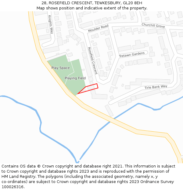 28, ROSEFIELD CRESCENT, TEWKESBURY, GL20 8EH: Location map and indicative extent of plot