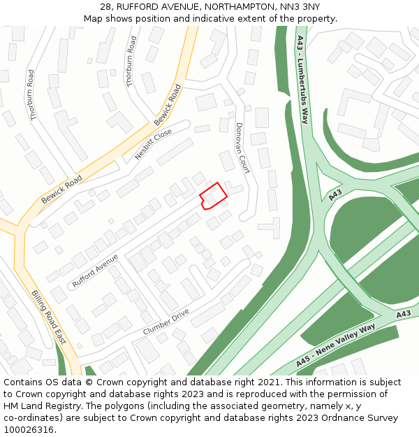 28, RUFFORD AVENUE, NORTHAMPTON, NN3 3NY: Location map and indicative extent of plot