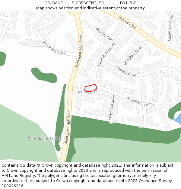 28, SANDHILLS CRESCENT, SOLIHULL, B91 3UE: Location map and indicative extent of plot