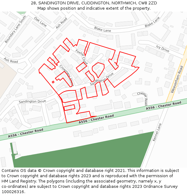 28, SANDINGTON DRIVE, CUDDINGTON, NORTHWICH, CW8 2ZD: Location map and indicative extent of plot