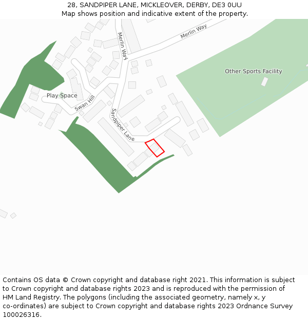 28, SANDPIPER LANE, MICKLEOVER, DERBY, DE3 0UU: Location map and indicative extent of plot