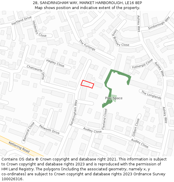 28, SANDRINGHAM WAY, MARKET HARBOROUGH, LE16 8EP: Location map and indicative extent of plot