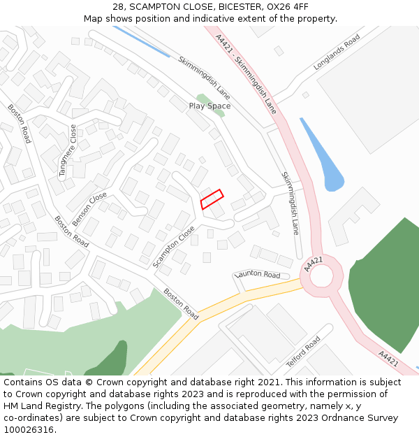 28, SCAMPTON CLOSE, BICESTER, OX26 4FF: Location map and indicative extent of plot