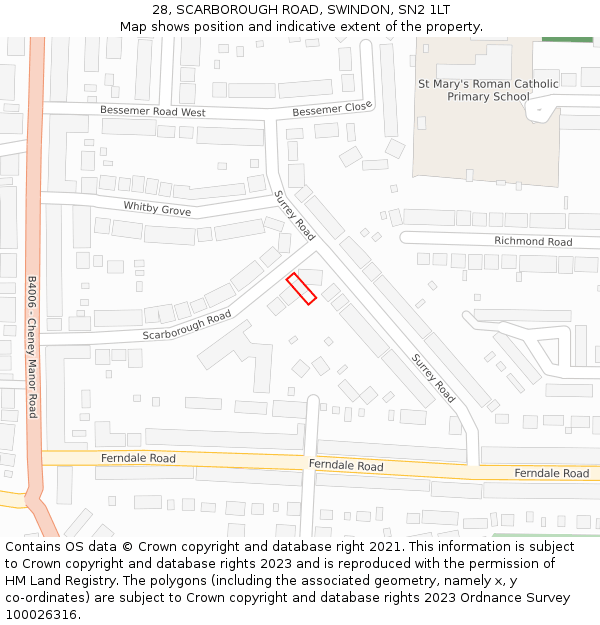 28, SCARBOROUGH ROAD, SWINDON, SN2 1LT: Location map and indicative extent of plot